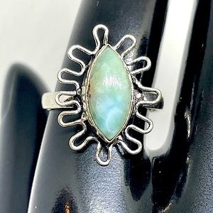 Beautiful larimar Gemstone marquis Sunshine shaped sterling silver ring Sz 9